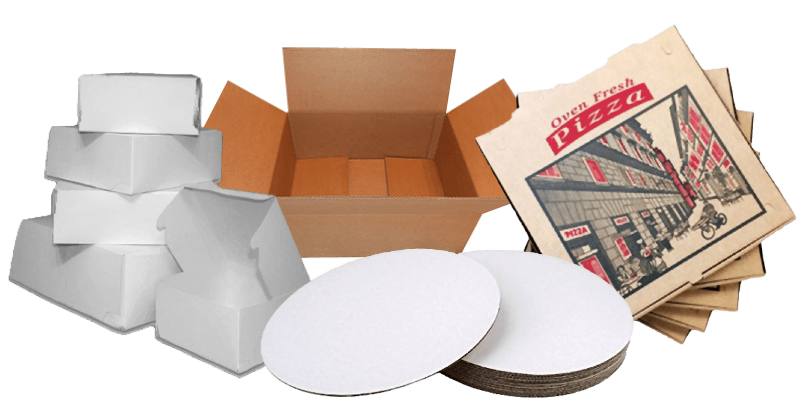 Products like pizza boxes and circles, stock boxes, and custom boxes