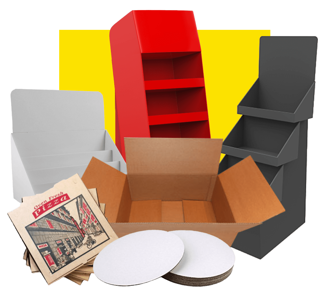 Products like shelves, pizza boxes and circles, and cube boxes